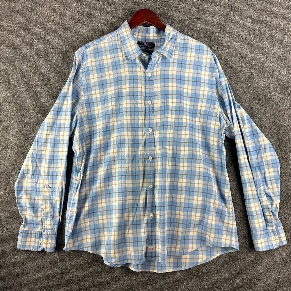 Vineyard Vines Shirt Mens XL Slim Fit Murray Button Down Blue White Plaid Pocket